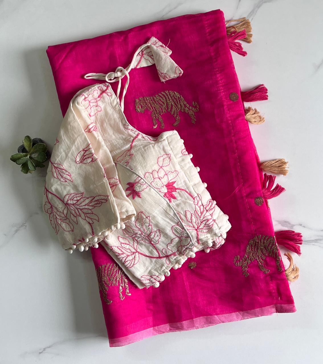 Charismatic Festive Wear Chanderi Cotton Embroidered n Tussels Work Designer Saree With Stitched Blouse