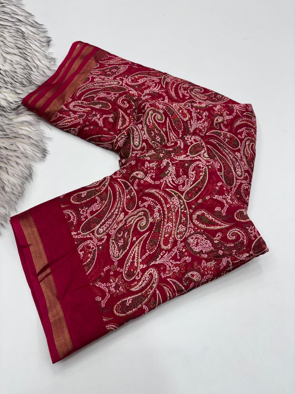 Excellent Party Wear Pure Soft Kashmiri Cotton Silk Designer Printed n Rich Pallu Saree With Blouse Piece