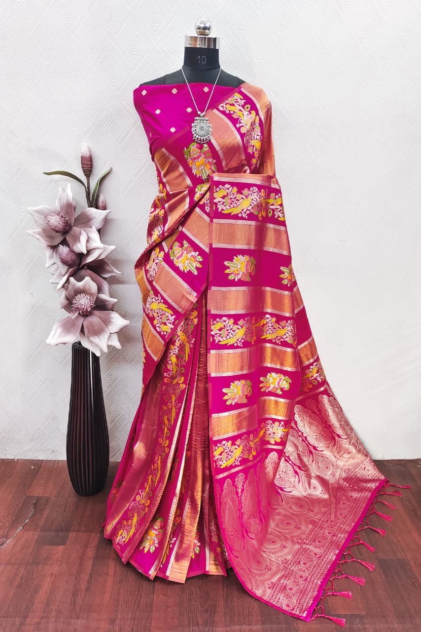 Dazzling Wedding Wear Banarasi Silk Print Design Golden Zari Work Rich Pallu Fancy Saree With Blouse Piece