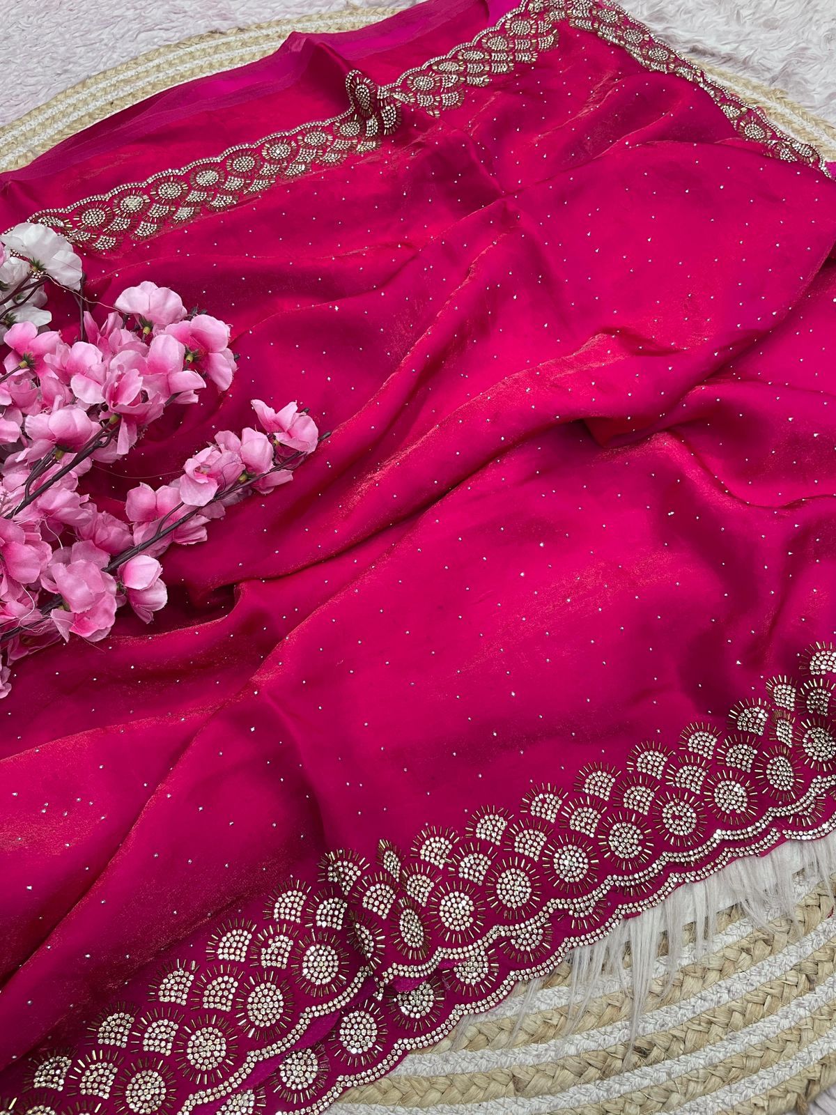 Mellifluous Party Wear Space Silk Jarkhan Heavy Diamond Work Fancy Designer Saree With Blouse