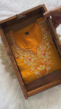 Load and play video in Gallery viewer, Luxuriant Wedding Wear Mustard Color Roman Silk Embroidery n Sequence Work Designer Straight Kurta With Trouser n Dupatta Set
