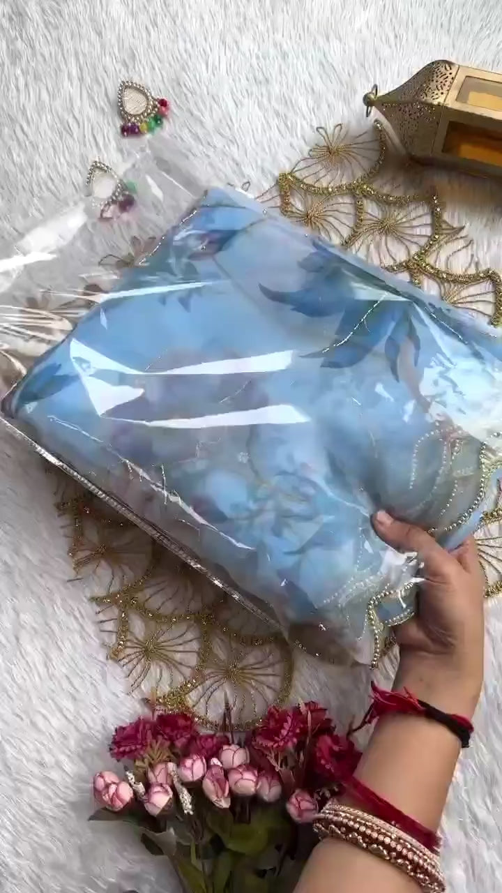 New Partywear Skyblue Color Organza Silk Printed Hand Work Fancy Designer Saree With Unstitched Blouse