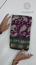 Load and play video in Gallery viewer, Evocative Party Wear Wine Colour Mangalkari Viscouse Silk Print With Designer Pallu Fancy Saree For Women
