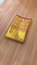 Load and play video in Gallery viewer, New Wedding Wear Kanjivaram Silk Golden n Marron Color Zari Weaving Fancy Designer Saree With Blouse

