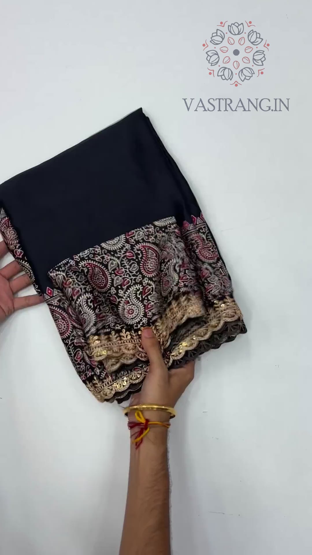 New Function Wear Black Color Pure Satin Silk Ajrak Printed Rich Pallu n Sequence Lace Work Fancy Designer Saree