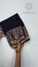 Load and play video in Gallery viewer, New Function Wear Black Color Pure Satin Silk Ajrak Printed Rich Pallu n Sequence Lace Work Fancy Designer Saree
