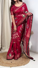 Load and play video in Gallery viewer, Elegant New Festive Wear Soft Cotton Designer Tussles Print n Weaving Work Saree For Women
