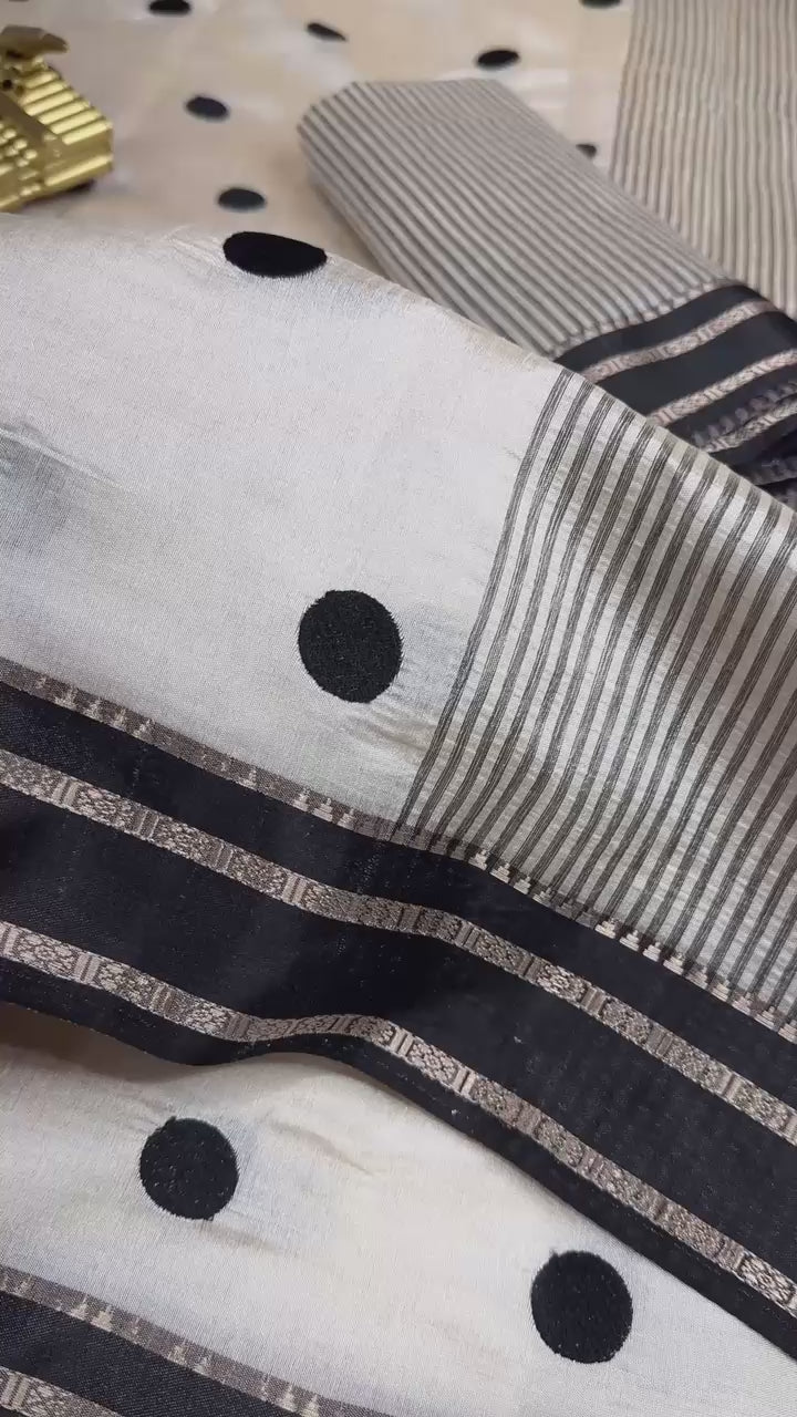 Exquisite Function Wear Tussar Silk Thread Embroidered Polka Dots Work Contrast Border With Zari Weaving Saree For Women