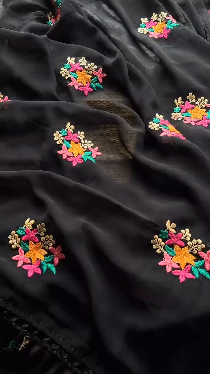 New Party Wear Chiffon Embroidery With Tussels Work Designer Saree With Blouse