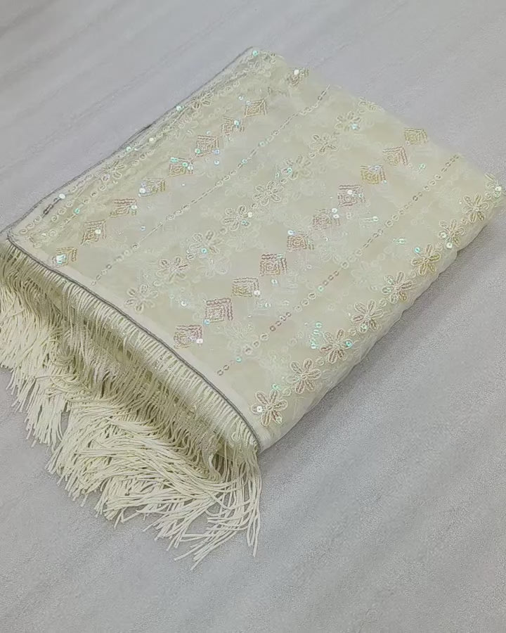 Partywear White Color Soft Net Sequence Work Fancy Designer Saree With Embroidered Blouse