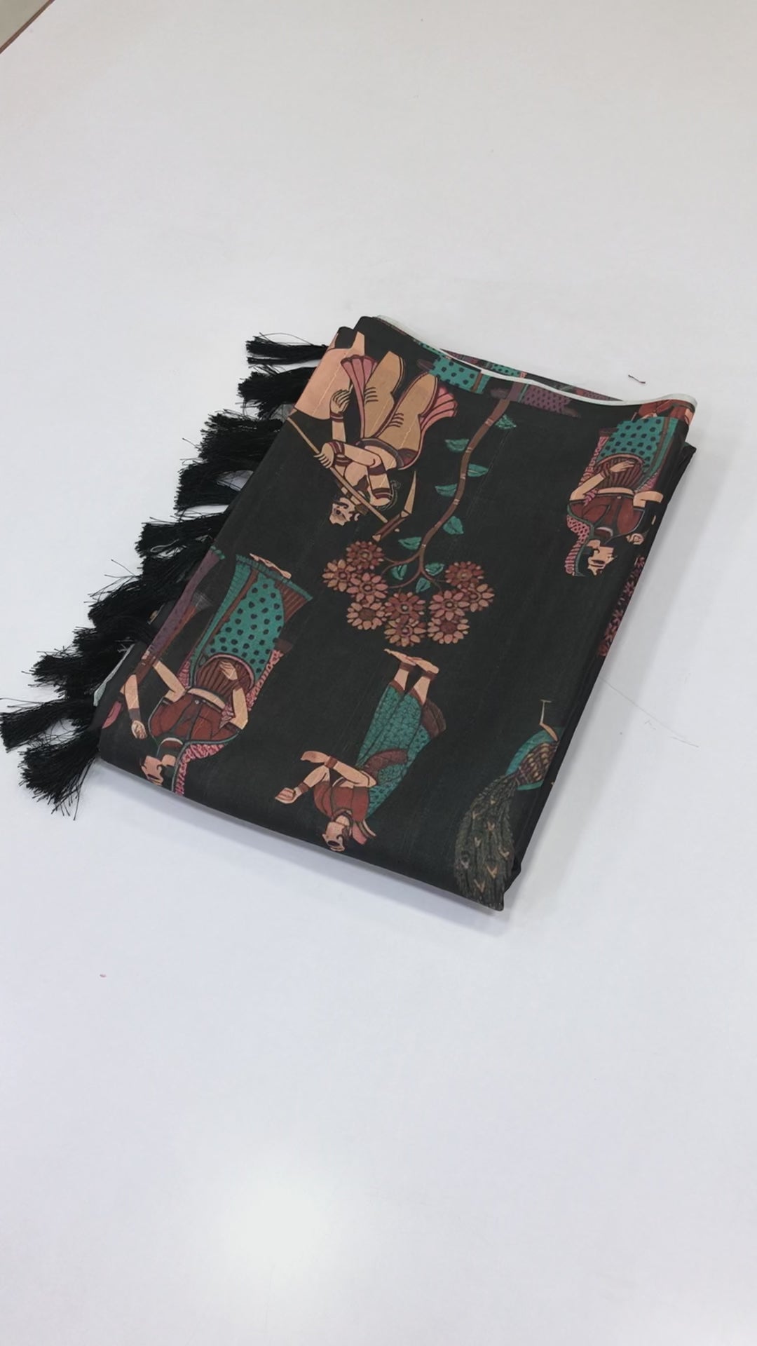 New Festive wear Black Color Handloom Tussar Silk Kalamkari Printed Fancy Designer Saree With Tussles on Pallu