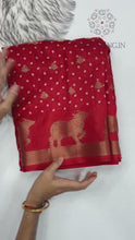 Load and play video in Gallery viewer, Marvellous Party Wear Red Colour Pure Dola Silk Zari Jacquard Weaving Work Fancy Designer Saree For Women
