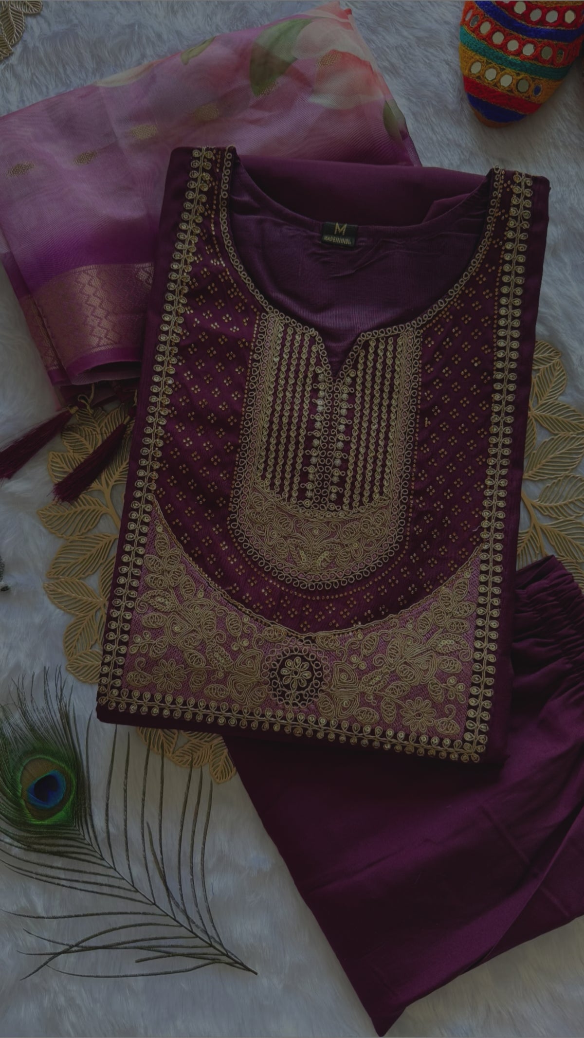 New Festive Wear Wine Color Roman Silk Embroidery n Sequence Work Designer Straight Kurta With Trouser n Dupatta Set
