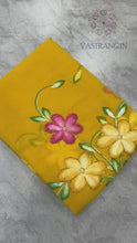 Load and play video in Gallery viewer, New Function Wear Yellow Color Soft Chiffon Handbrush Print n Handwork Fancy Designer Saree With Blouse

