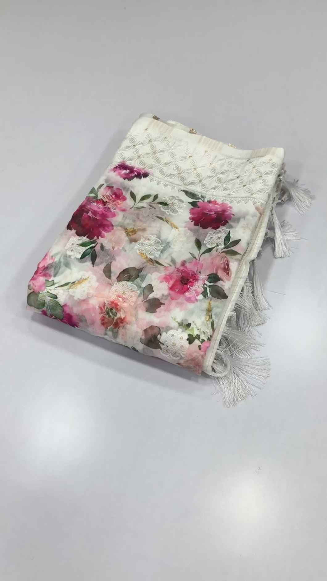 New Soft Linen White n Pink Flower Print Lucknowi Style Weaving Butti Fancy Designer Saree