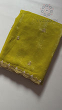 Load and play video in Gallery viewer, New Partywear Crunchy Chiffon Crush Silk Embroidery n Cut Work Fancy Designer Saree With Heavy Work Blouse
