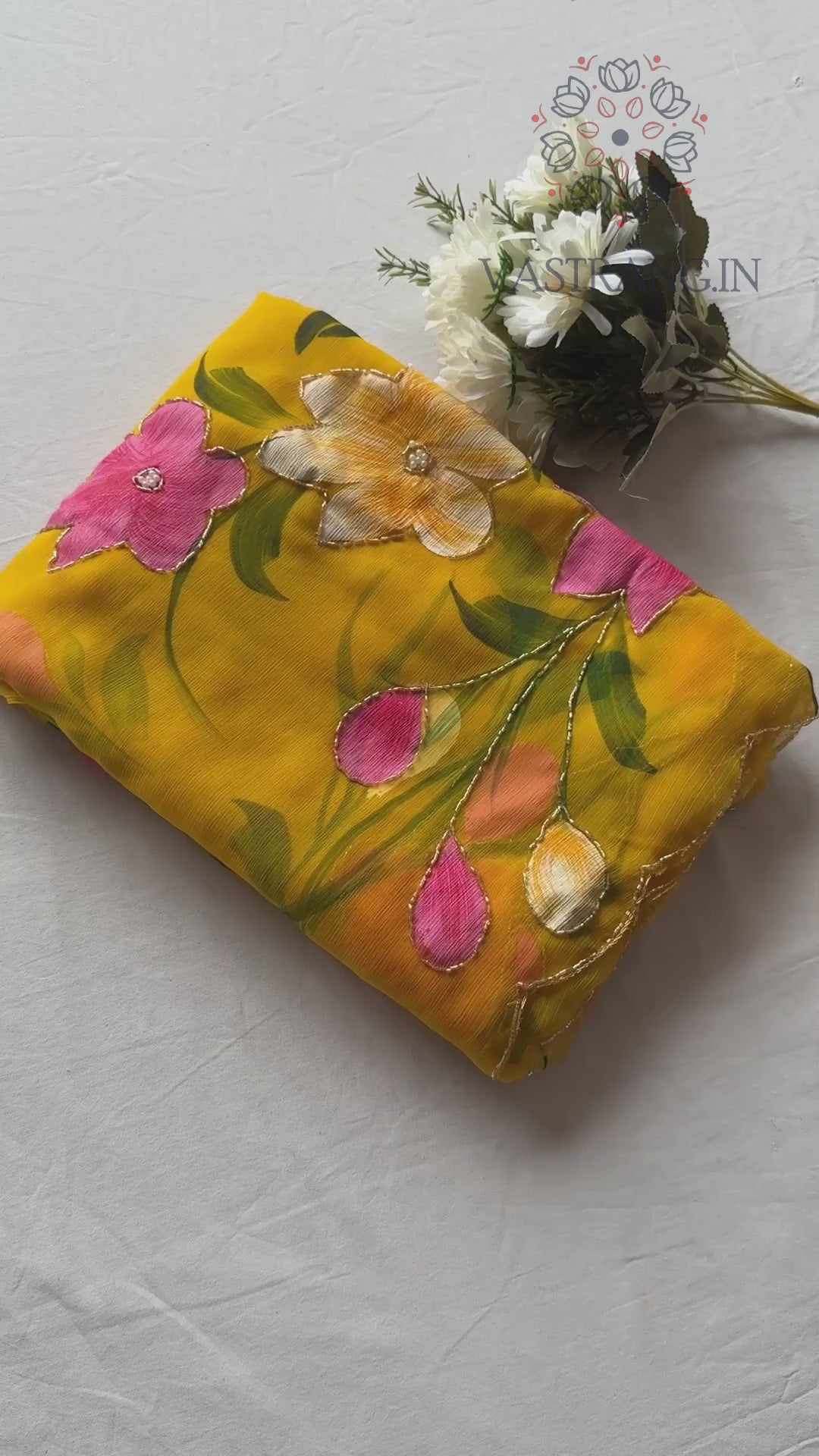 New Party Wear Yellow Colour Soft Pure Chiffon Handbrush Print n Handwork Fancy Designer Saree for Women