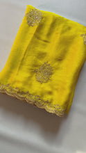 Load and play video in Gallery viewer, Latest Crunchy Chiffon Silk Yellow Color Embroidery n Cut Work Partywear Fancy Designer Saree With Blouse
