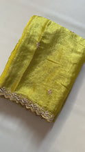Load and play video in Gallery viewer, Yellow Crunchy Chiffon Silk With Beautiful Embroidery n Cut Work Partywear Fancy Designer Saree With Heavy Work Blouse
