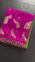 Load and play video in Gallery viewer, Prettiest Double Shaded Crunchy Chiffon Crush Silk Embroidery Work Partywear Fancy Designer Saree For Wedding
