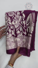 Load and play video in Gallery viewer, New Wine Color Festive Wear Pure Satin Silk Ajrak Printed Rich Pallu n Tussles Work Fancy Designer Saree
