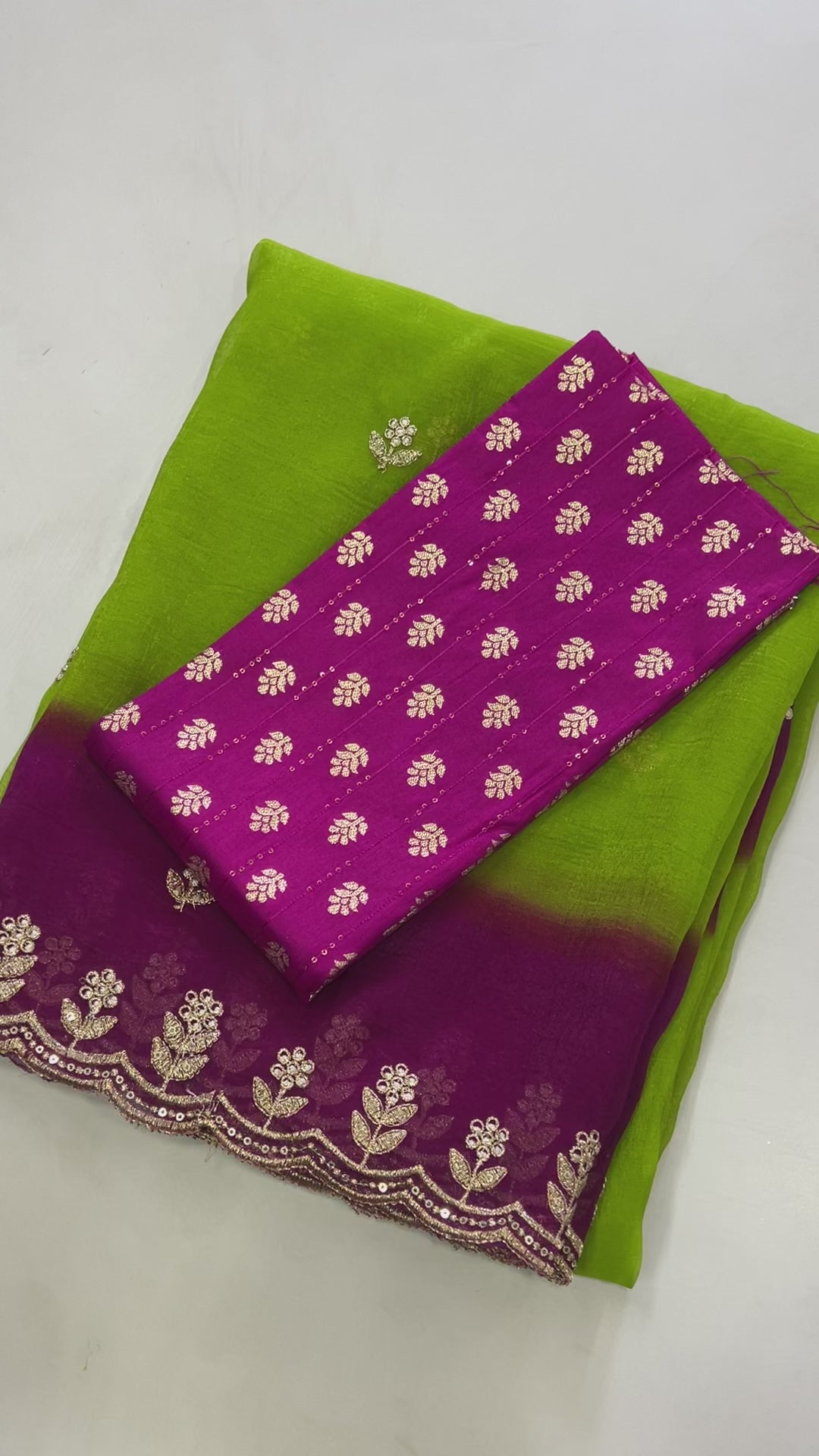 Beutiful Rani n Perrot Color Crunchy Crush Silk Emboridery n Sequence Work Partywear Fancy Designer Saree