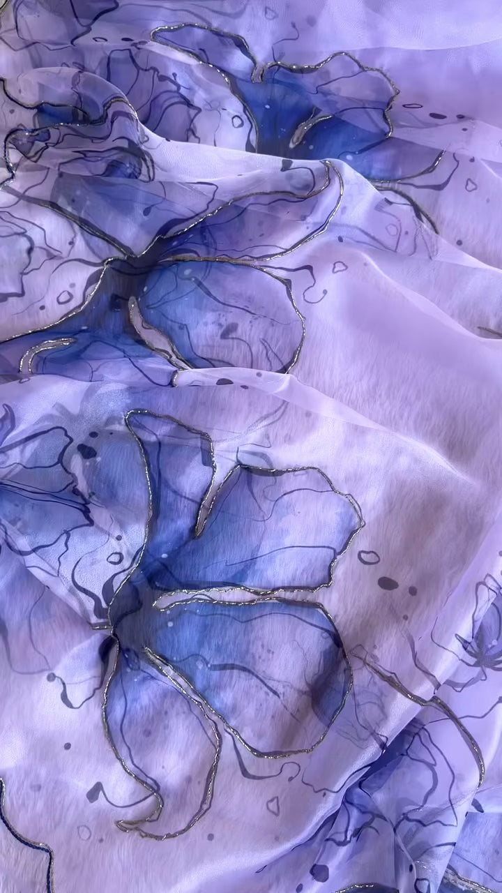 New Partywear Purple Color Organza Silk Printed Hand Work Fancy Designer Saree With Unstitched Blouse