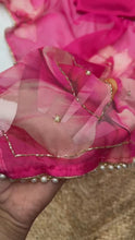 Load and play video in Gallery viewer, New Beautiful Soft Tebby Silk Print n Handwork Partywear Fancy Designer Saree With Blouse
