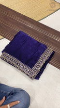 Load and play video in Gallery viewer, New Navy Blue Color Partywear Soft Satin Silk Embrodiery n Sequence Work Fancy Designer Saree
