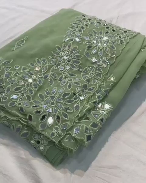 New Party Wear Pista Color Real Mirror n Embroidery Heavy Work Fancy Designer Saree