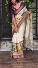 Load and play video in Gallery viewer, Magnetic Cream Color Print n Zari Jacquard With Tussles Work Pure Cotton Saree With Classy Blouse Piece

