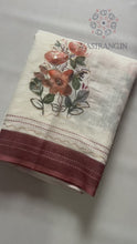 Load and play video in Gallery viewer, New Function Wear Cotton Linen Fabric Print n Hand Katha Thread With Mirror Work Fancy Designer Saree
