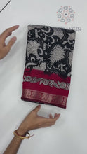 Load and play video in Gallery viewer, Prettiest Function Wear Black Color Pure Mangalkari Viscouse Silk Print With Designer Pallu Fancy Saree For Women
