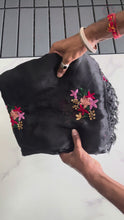 Load and play video in Gallery viewer, New Party Wear Chiffon Embroidery With Tussels Work Designer Saree With Blouse
