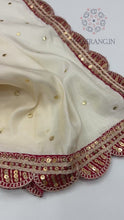 Load and play video in Gallery viewer, New Wedding Wear Golden Colour Tissue Silk Mukesh Work With Heavy Fancy Lace Designer Saree With Blouse

