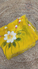 Load and play video in Gallery viewer, New Wedding Wear Yellow Color Soft Chiffon Handbrush Print n Handwork Fancy Designer Saree With Blouse

