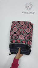 Load and play video in Gallery viewer, New Festive Wear Black n Red Pure Satin Silk Ajrak Printed Rich Pallu n Tussles Work Fancy Designer Saree
