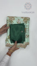 Load and play video in Gallery viewer, New Wedding Wear Pure Chinnon Silk Print Embroidery n Diamond Work Fancy Designer Saree
