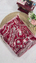 Load and play video in Gallery viewer, New Wedding Wear Glorious Red Color Faux Georgette Sequence n Pearl Work Fancy Designer Saree Blouse With Stunner Dupatta

