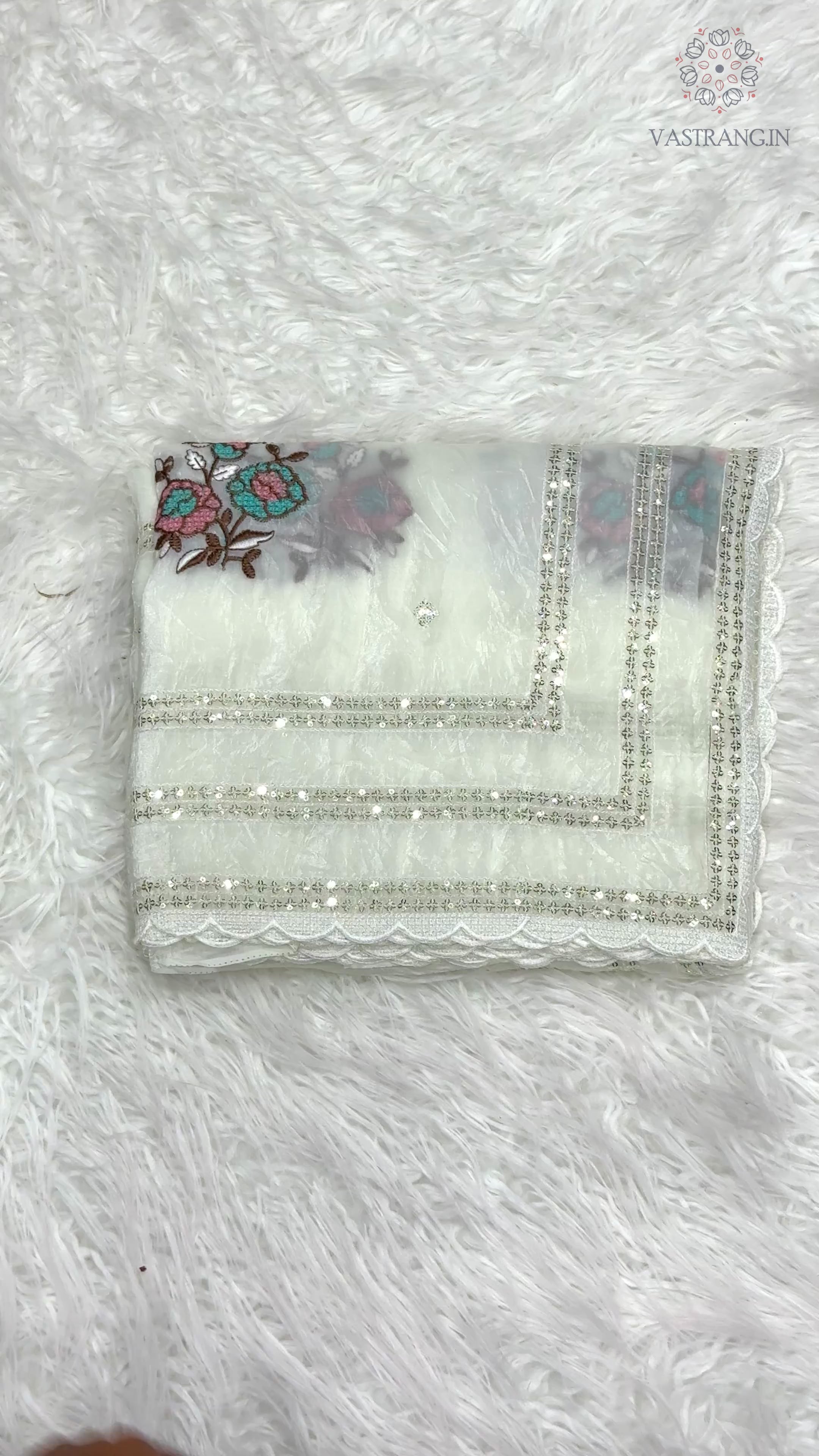 Gratifying Party Wear White Colour Pure Crush Chiffon Embroidery n Sequence Work With Stitched Blouse Fancy Designer Saree
