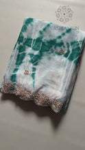 Load and play video in Gallery viewer, Marvellous Party Wear Double Shaded Dyeing Chinnon Silk Embroidery N Moti Cut Work Border Fancy Designer Saree For Ceremonial Occasion
