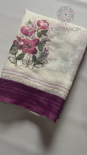 Load and play video in Gallery viewer, New Function Wear Cotton Linen Fabric Print n Hand Katha Thread With Mirror Work Fancy Designer Saree
