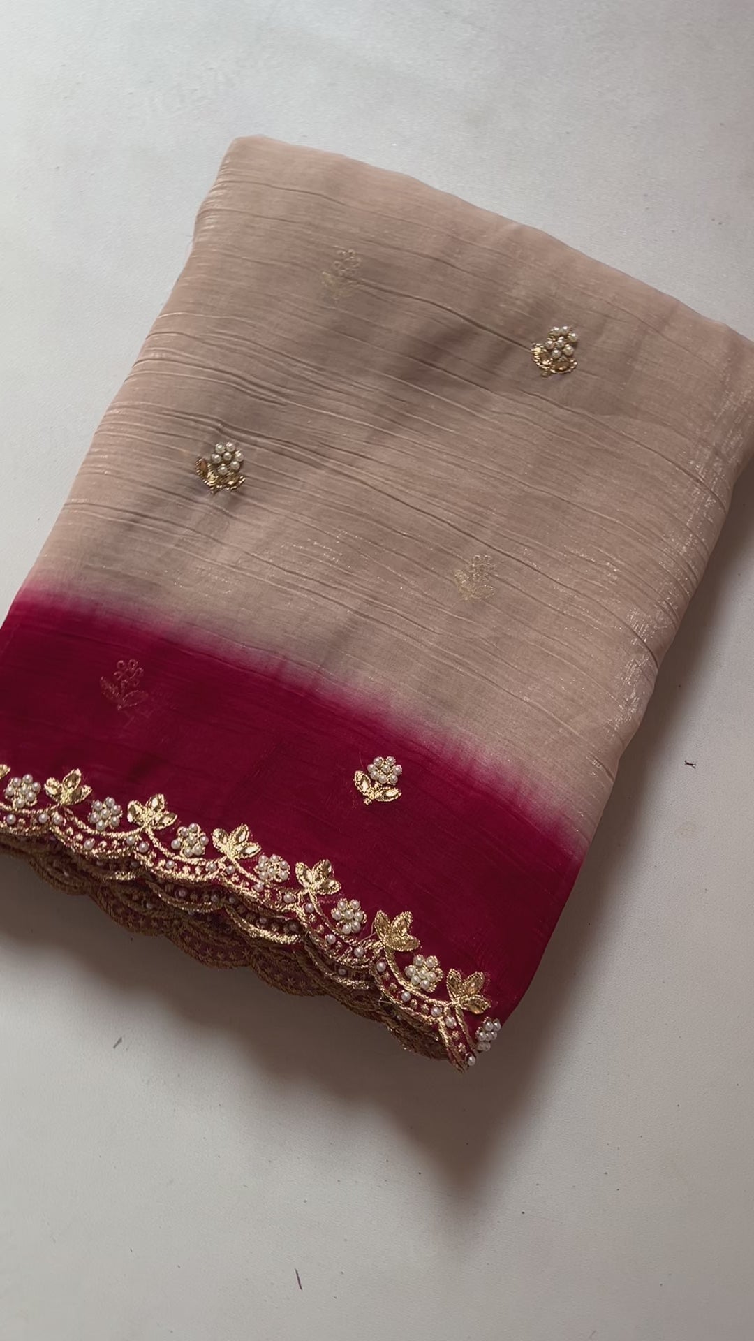New Beige Color Crunchy Chiffon Silk With Beautiful Embroidery n Cut Work Partywear Fancy Designer Saree