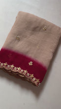 Load and play video in Gallery viewer, New Beige Color Crunchy Chiffon Silk With Beautiful Embroidery n Cut Work Partywear Fancy Designer Saree
