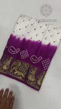 Load and play video in Gallery viewer, Desirable Party Wear White Colour Cotton Silk Kanjivaram Bandhani Print Fancy Designer Saree For Wedding

