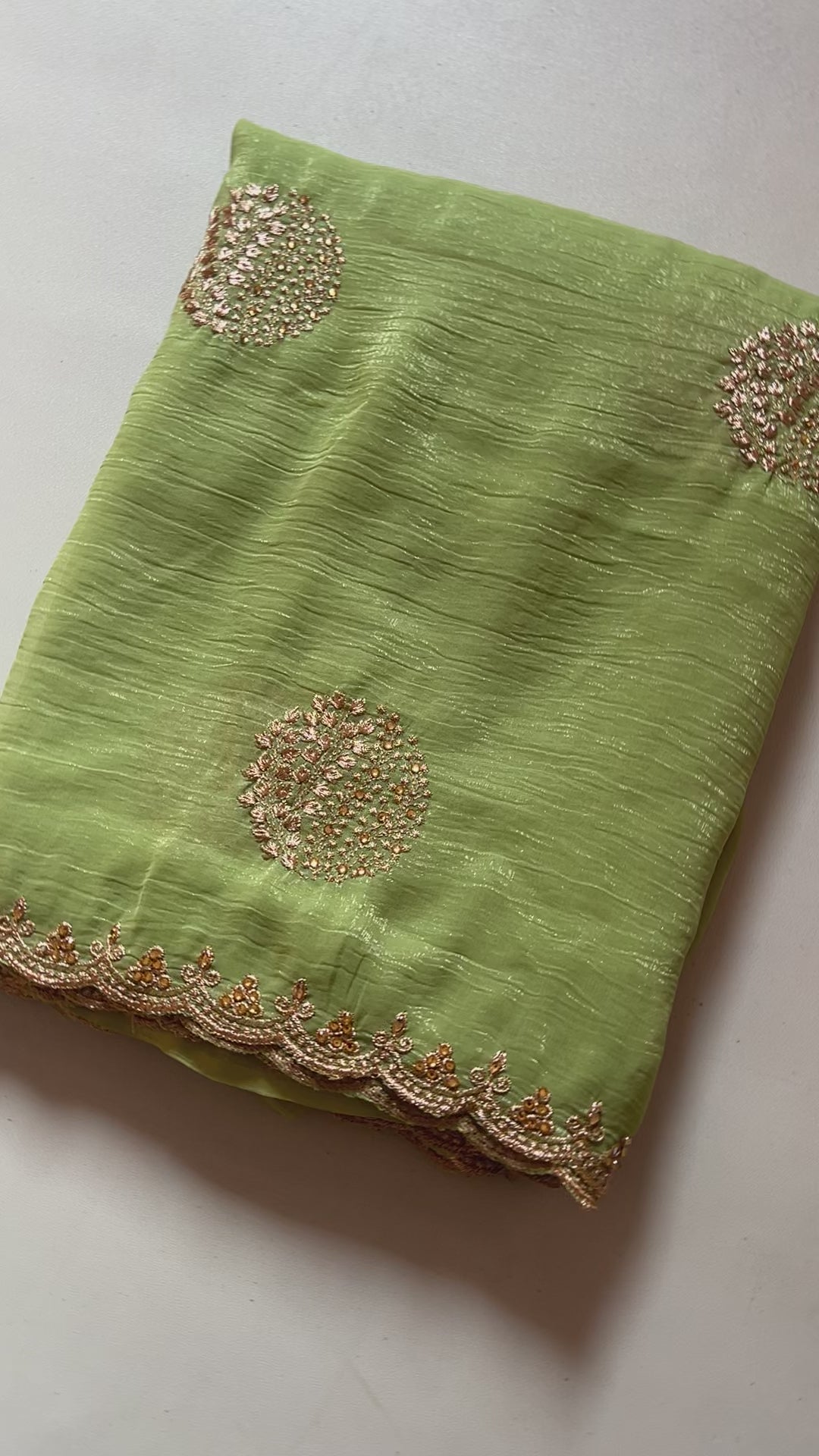 New Pista Color Crunchy Chiffon Crush Silk With Beautiful Embroidery n Cut Work Partywear Fancy Designer Saree