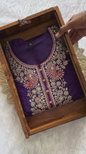 Load and play video in Gallery viewer, Incredible Function Wear Purple Color Roman Silk Embroidery n Sequence Work Designer Straight Kurta With Trouser n Dupatta Set
