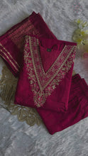 Load and play video in Gallery viewer, New Festive Wear Cherry Color Roman Silk Embroidery n Sequence Work Designer Straight Kurta With Trouser n Dupatta Set
