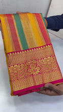 Load and play video in Gallery viewer, Beautiful Multi Color Kanjivaram Silk Jacquard Zari Weaving Fancy Designer Saree For Wedding
