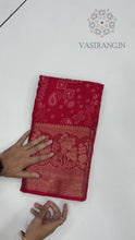 Load and play video in Gallery viewer, New Festive Wear Red Color Dola Silk Print With Jacquard Zari Work Fancy Designer Saree
